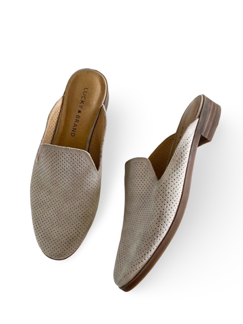 Lucky Brand Coryna gray suede perforated leather slip on mules Size 6.5 Bohemian